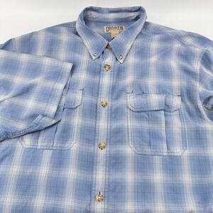Duluth Trading Co Mens 2XL Blue Plaid Short Sleeve Button Down Utility Shirt